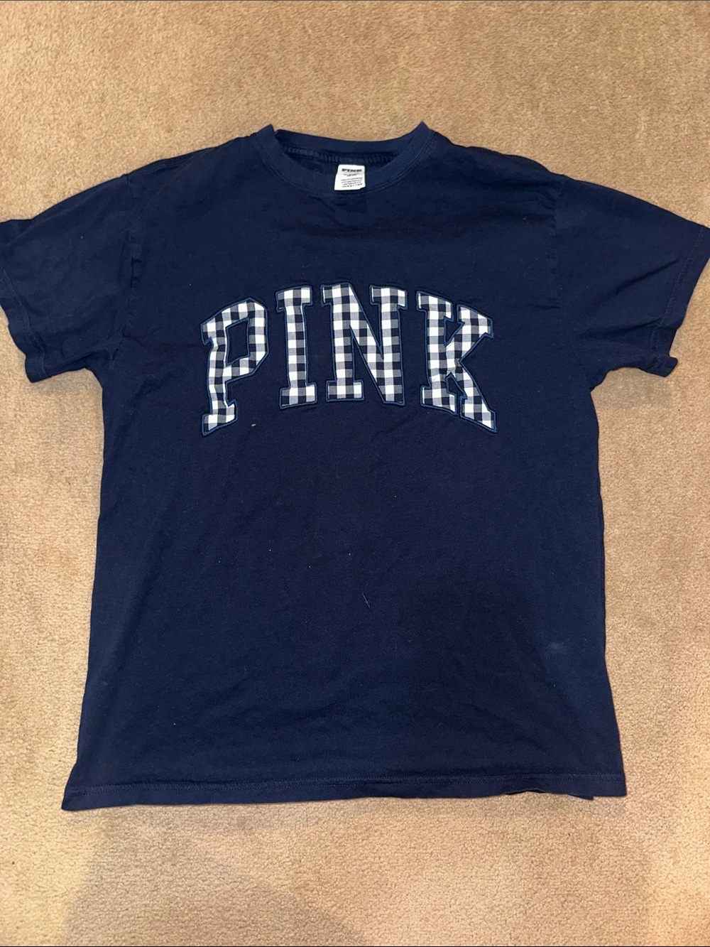 PINK Victoria's Secret Navy Short Sleeve Tee with Blue Gingham Logo